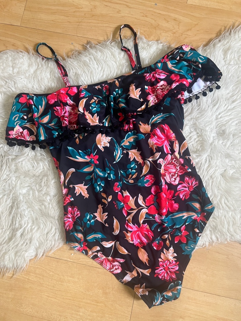 Floral One-Piece Ruffle Swim Suit - Black with Pink & Teal Flowers